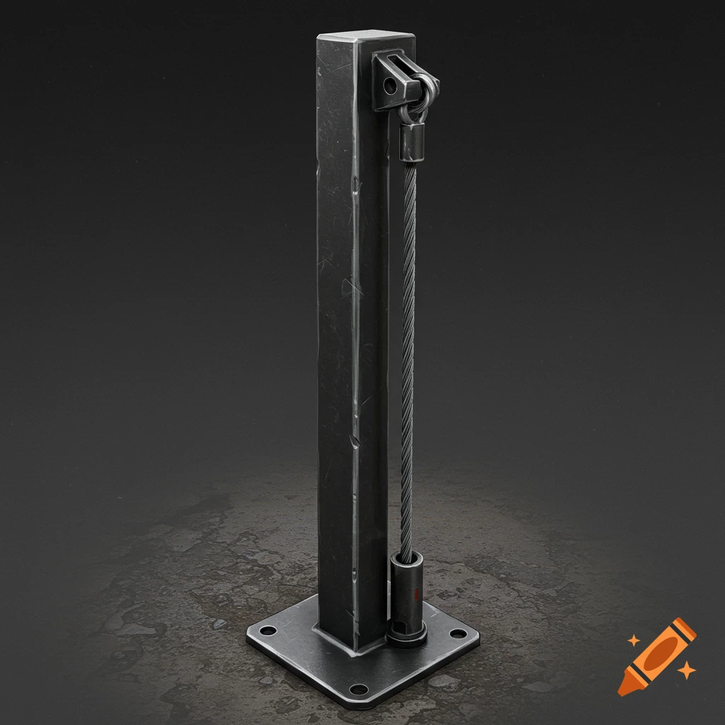 A weathered dark metal industrial stanchion with a wire rope insert, standing on a textured, wet concrete floor.