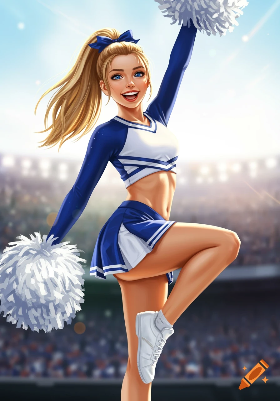 Vibrant illustration of a smiling blonde cheerleader in blue and white uniform posing in a stadium with pom-poms.