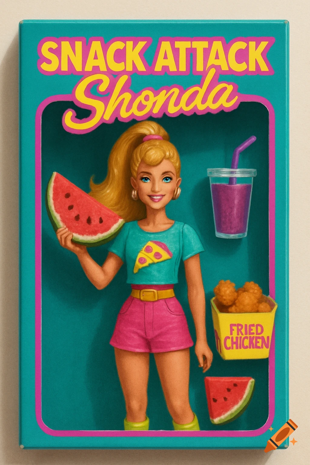 A Barbie-like 'Snack Attack Shonda' doll in an electric teal box, holding a watermelon slice, with a purple drink and fried chicken.