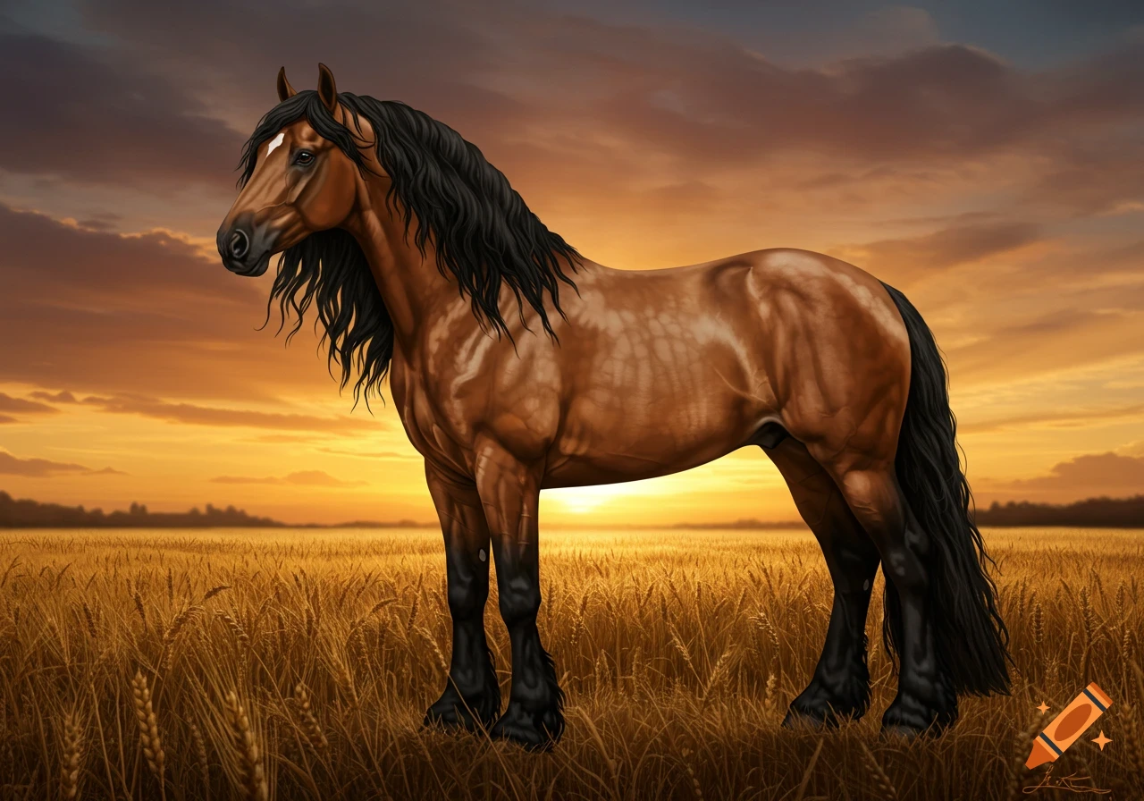 A majestic brown horse with a long black mane stands in a golden wheat field at sunset.