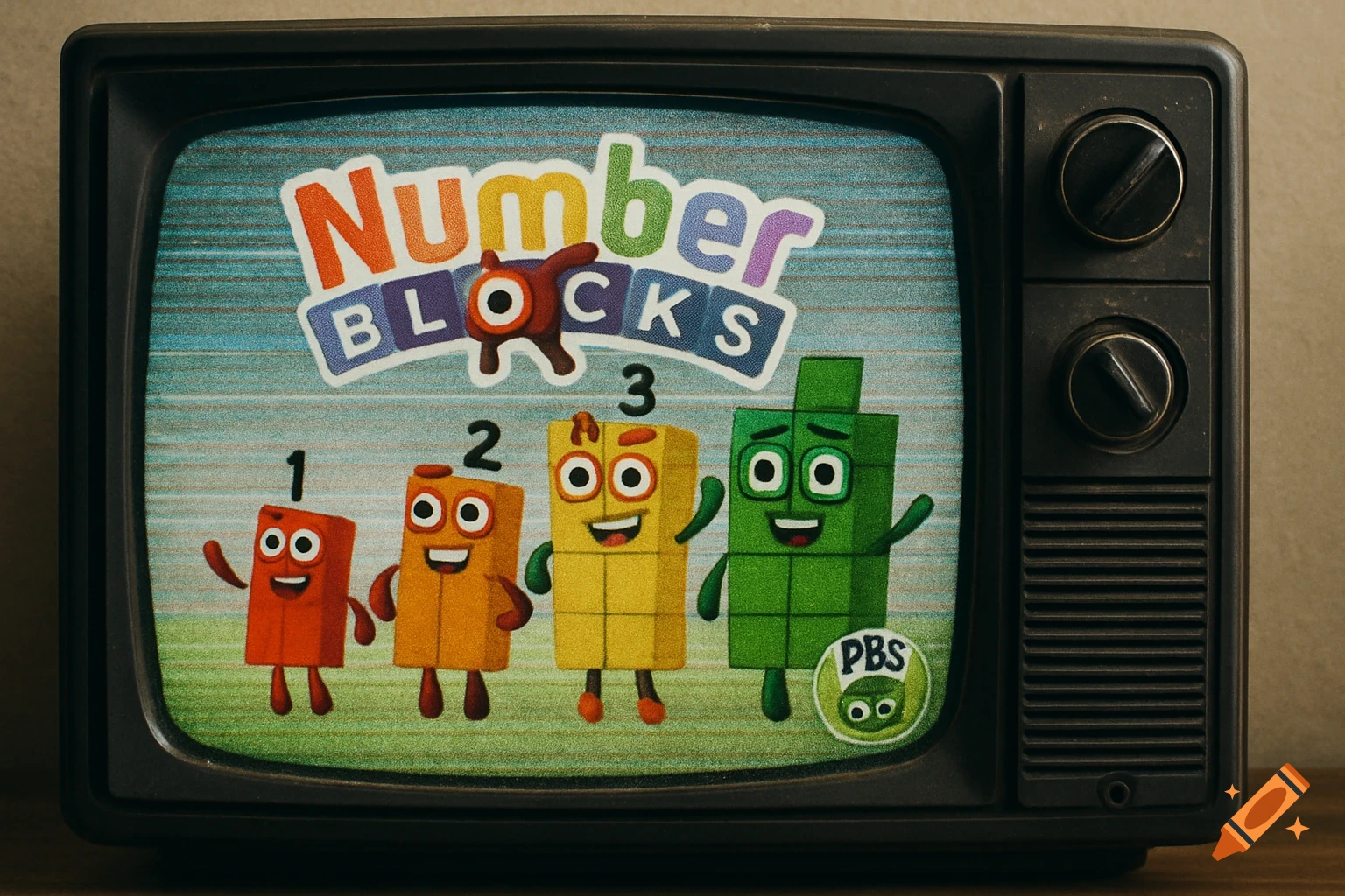 The cartoon Numberblocks characters 1, 2, 3, and 4 are displayed on a vintage CRT television screen with a PBS logo.