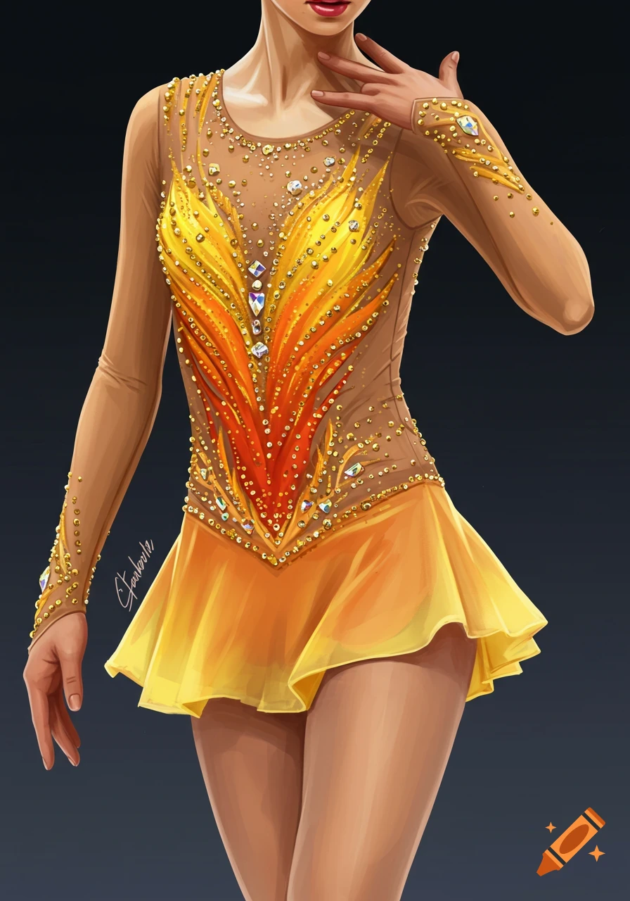 A figure skater in a vibrant orange and yellow performance outfit with gold rhinestones and crystals.