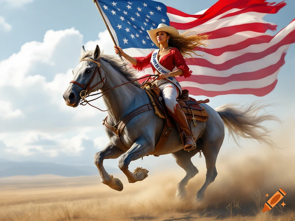 A woman on a galloping gray horse holds a large American flag in a dusty, open field under a blue sky, photorealistic style.