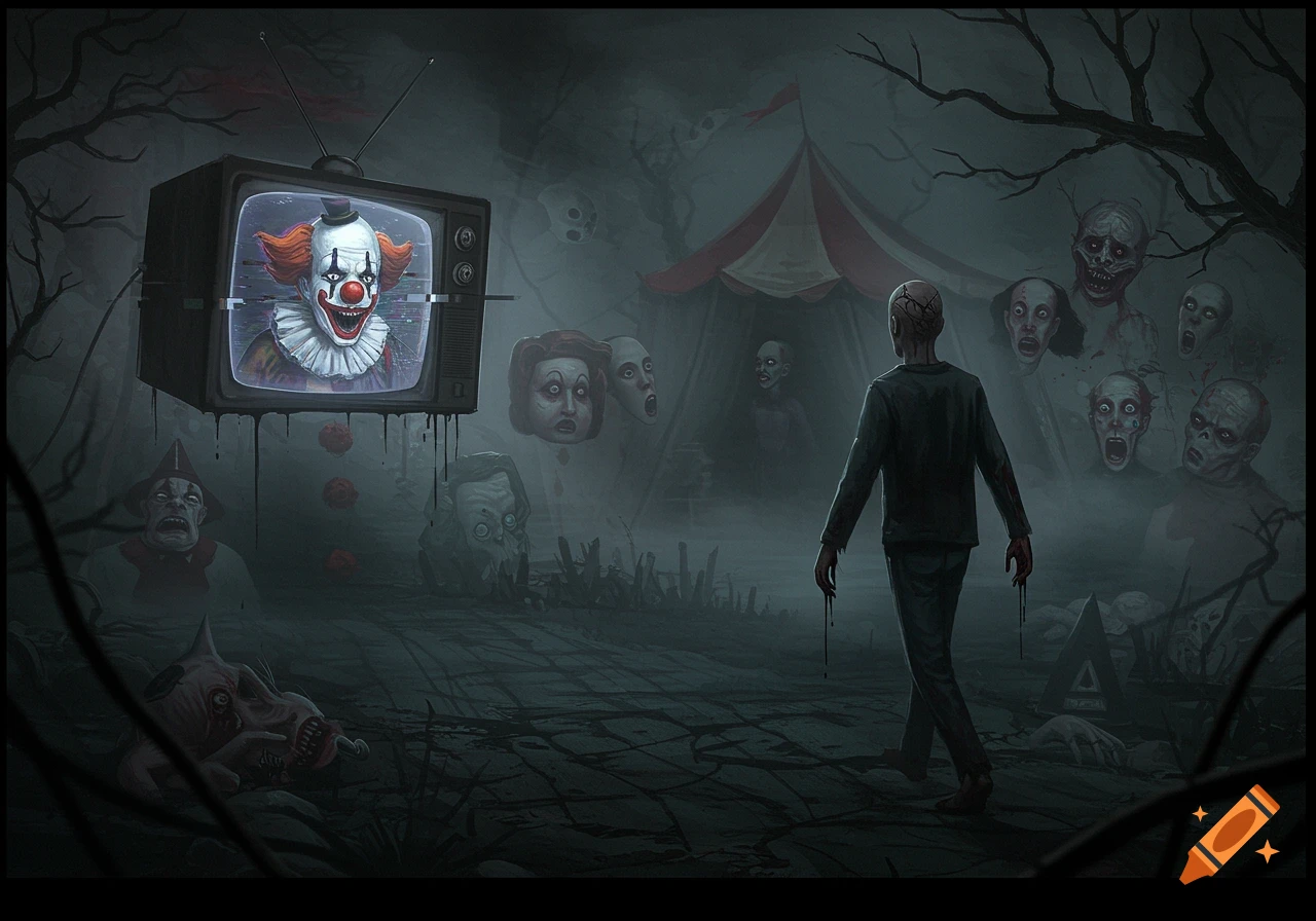 A man walks away from a creepy circus tent with a glitching TV showing a clown, surrounded by screaming zombie heads and a monster in a dark, foggy landscape.
