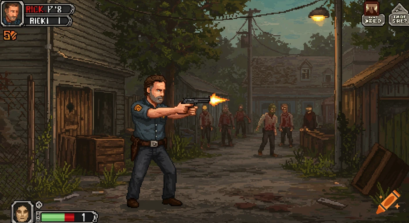 Pixel art depiction of Rick Grimes from The Walking Dead, shooting a gun at a group of zombies in an alleyway, in a 16-bit game style.