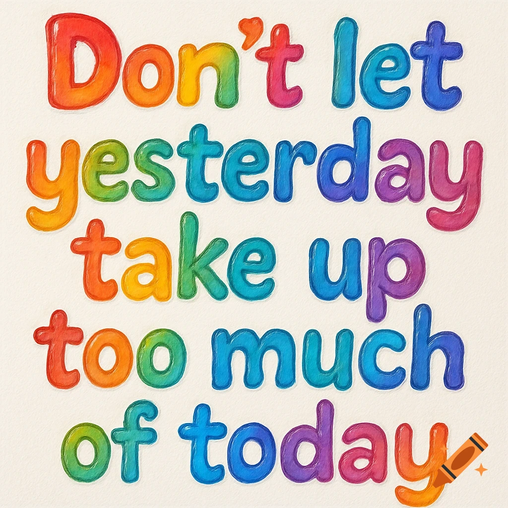 A motivational quote, "Don't let yesterday take up too much of today," written in rainbow-colored bubble letters on a light background.