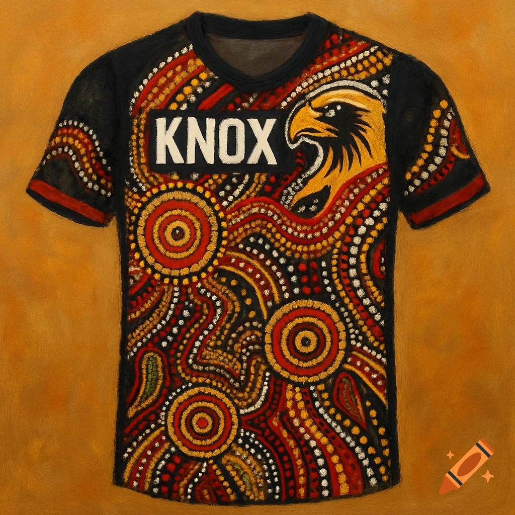 A black t-shirt with an indigenous art pattern of red, yellow, and white dots, featuring a yellow eagle head and the word KNOX.