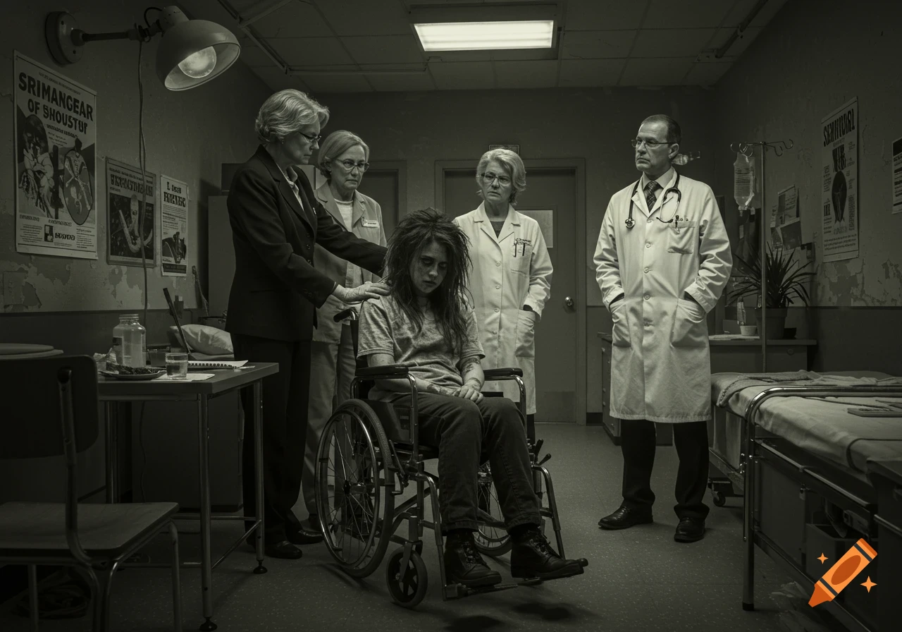 Monochrome photorealistic image of a distressed girl in a wheelchair, surrounded by doctors and nurses in a stark room that resembles a hospital.