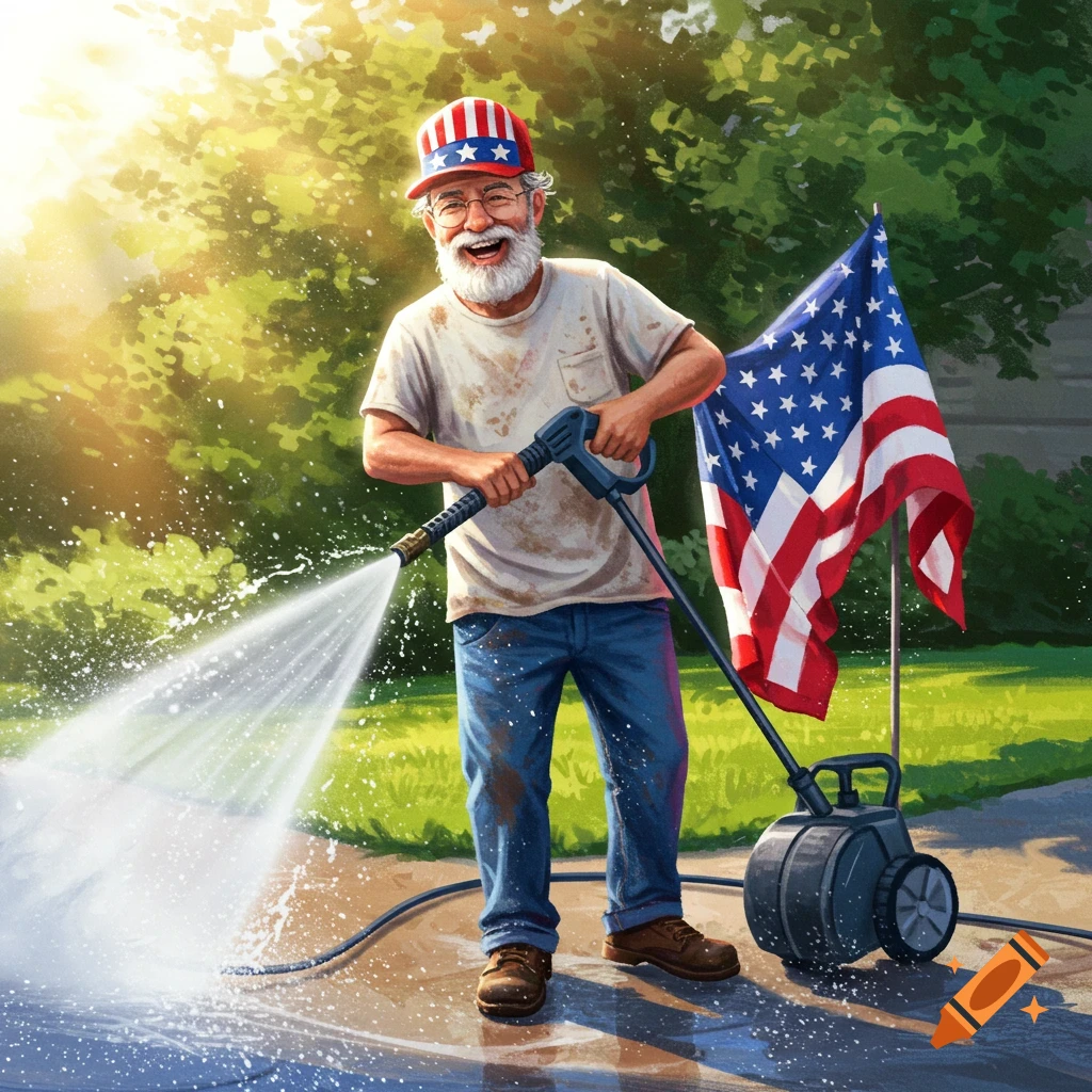 A smiling, bearded old man in a patriotic hat pressure washing outdoors, with an American flag behind him.