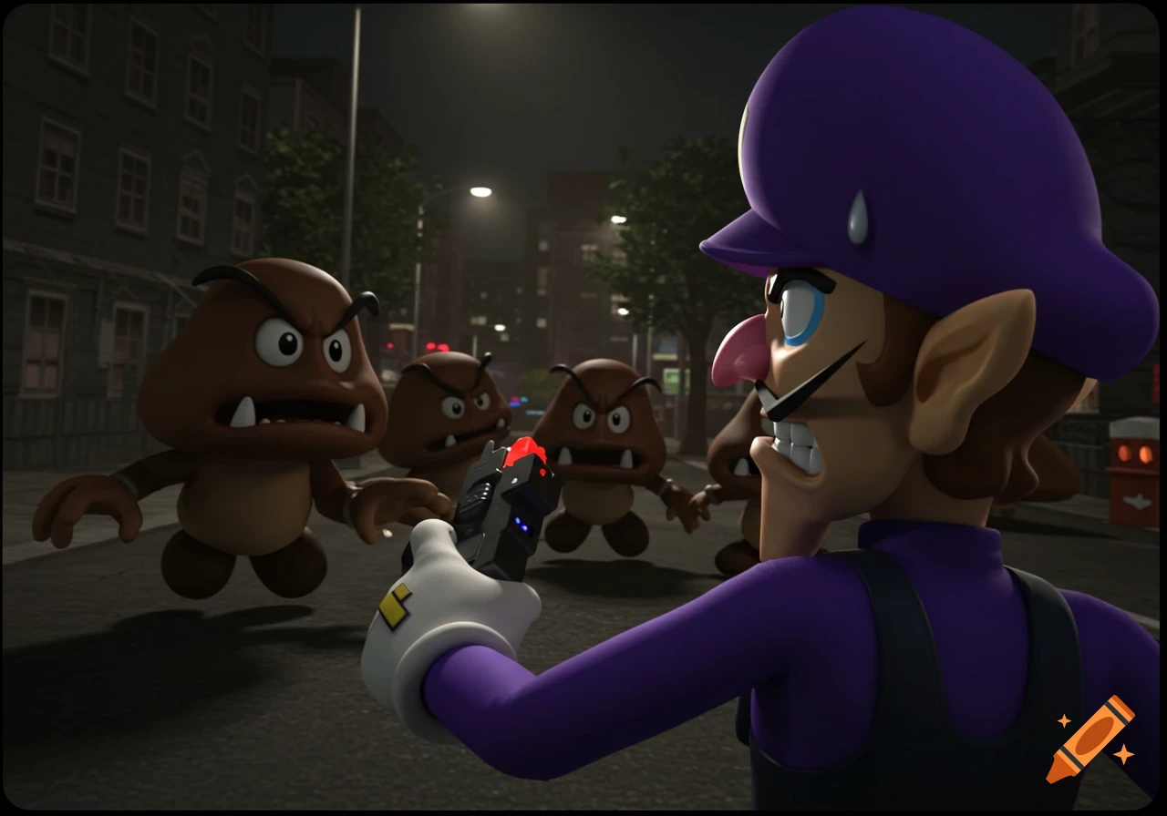 Waluigi, sweating, points a futuristic gun at angry Goombas on a dark city street at night, 3D render.