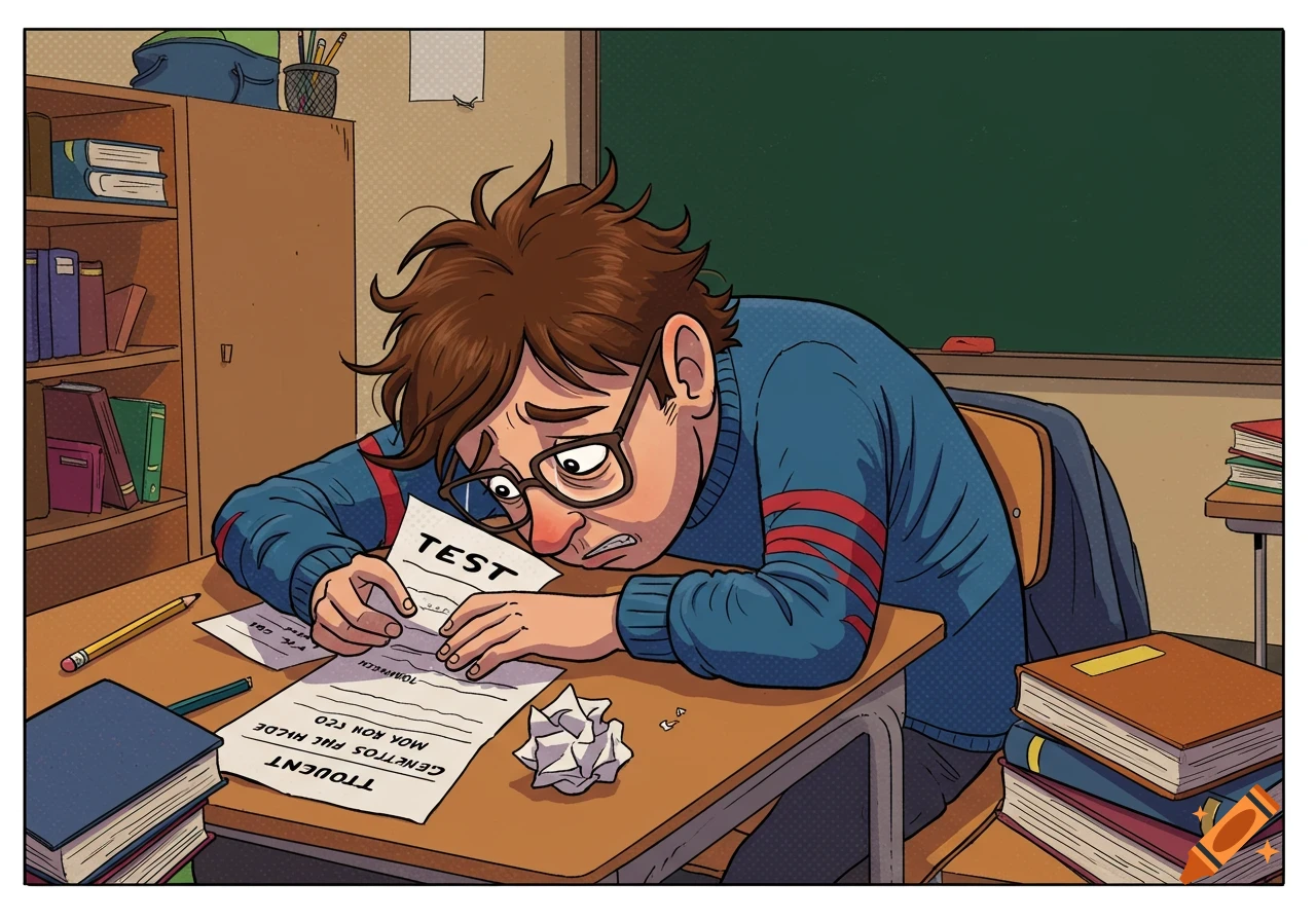 A stressed student with messy hair and glasses leans over a test paper at a desk in a comic-book style illustration.