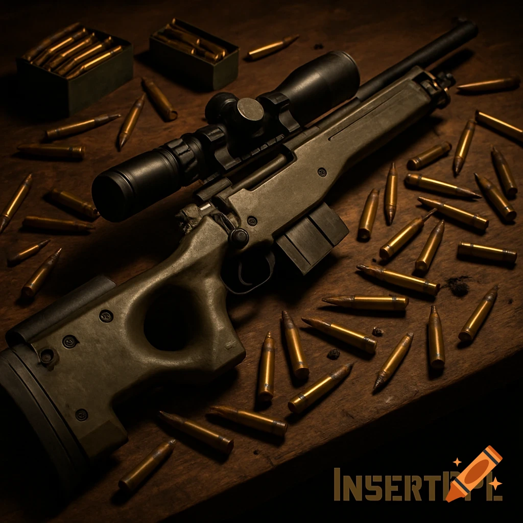 A detailed, realistic Accuracy International Arctic Warfare sniper rifle lies on a wooden table, surrounded by bullets and ammunition boxes, with moody lighting.