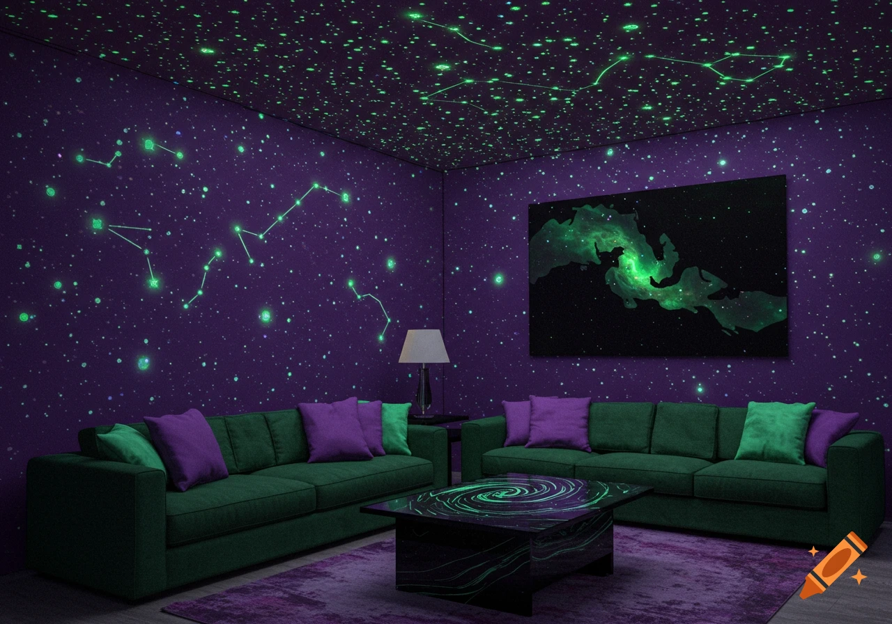 A purple living room with green glowing constellations and stars on the walls and ceiling, green sofas, and a black coffee table with a green swirl design.