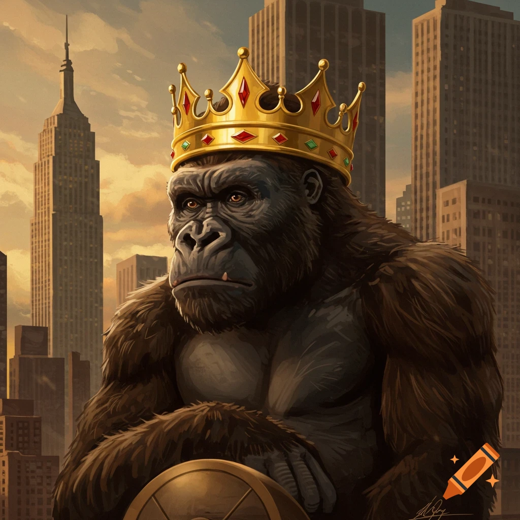 A majestic gorilla wearing a golden crown stands stoically in front of a cityscape at sunset.