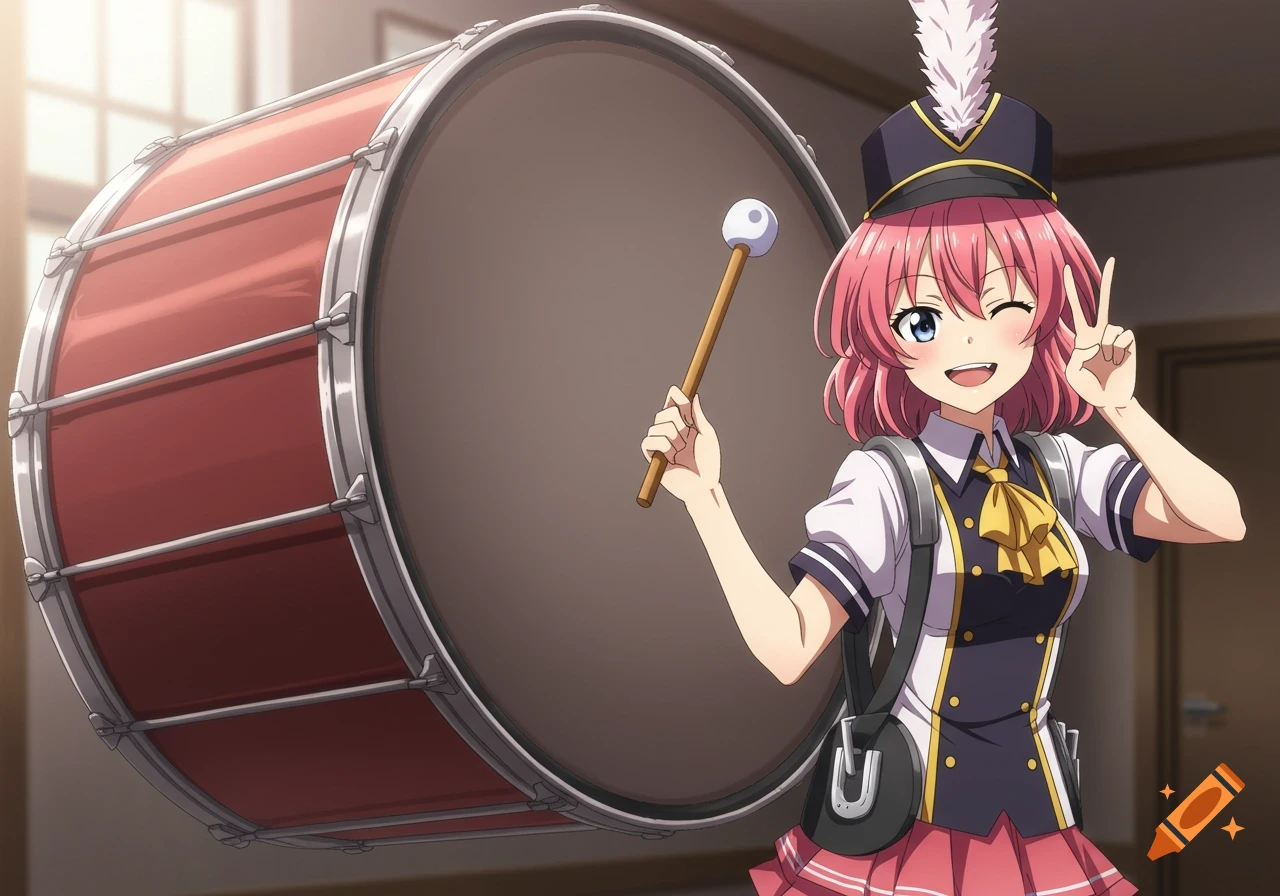 Anime girl in marching band uniform winking and giving a peace sign while holding a drumstick next to a large bass drum.