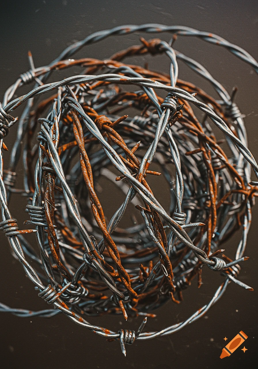 Close-up of a tangled coil of rusty and silver barbed wire.