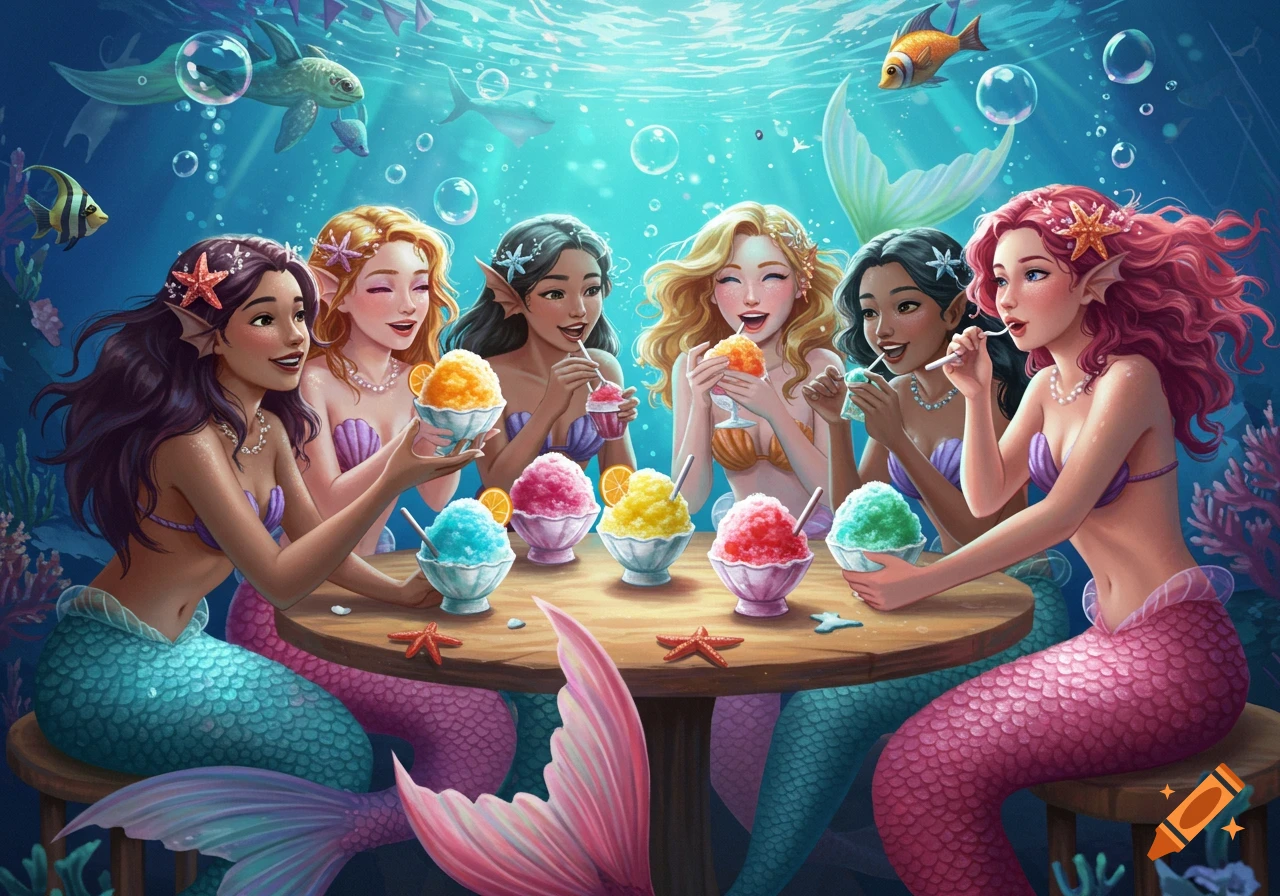 Six colorful mermaids with vibrant tails and hair sit around a wooden table underwater, happily eating bowls of various flavored shaved ice.