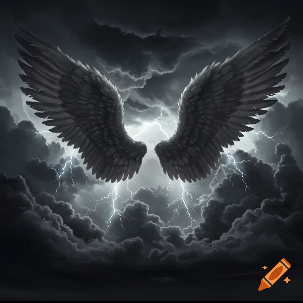 Dark angel wings spread against a dramatic stormy sky with lightning.