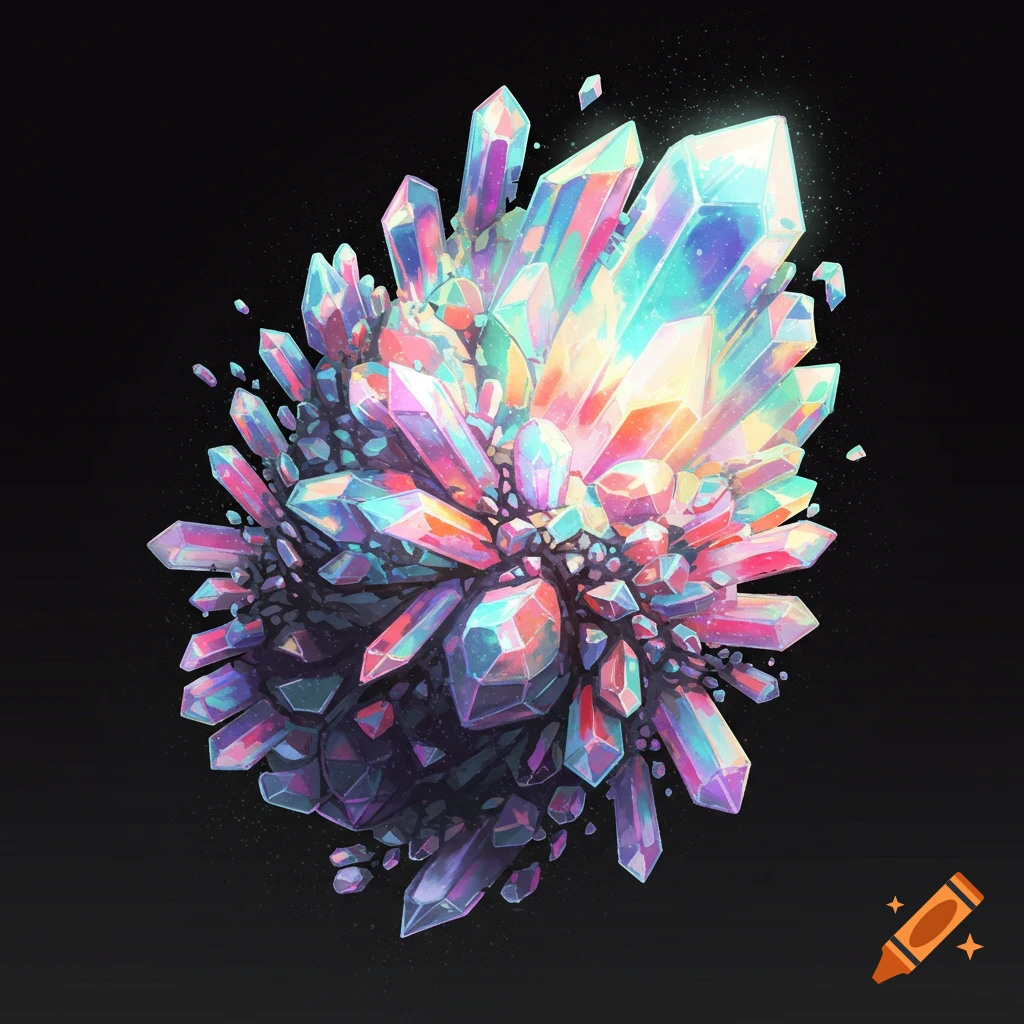 A vibrant cluster of iridescent crystals glowing with colorful light on a dark background.