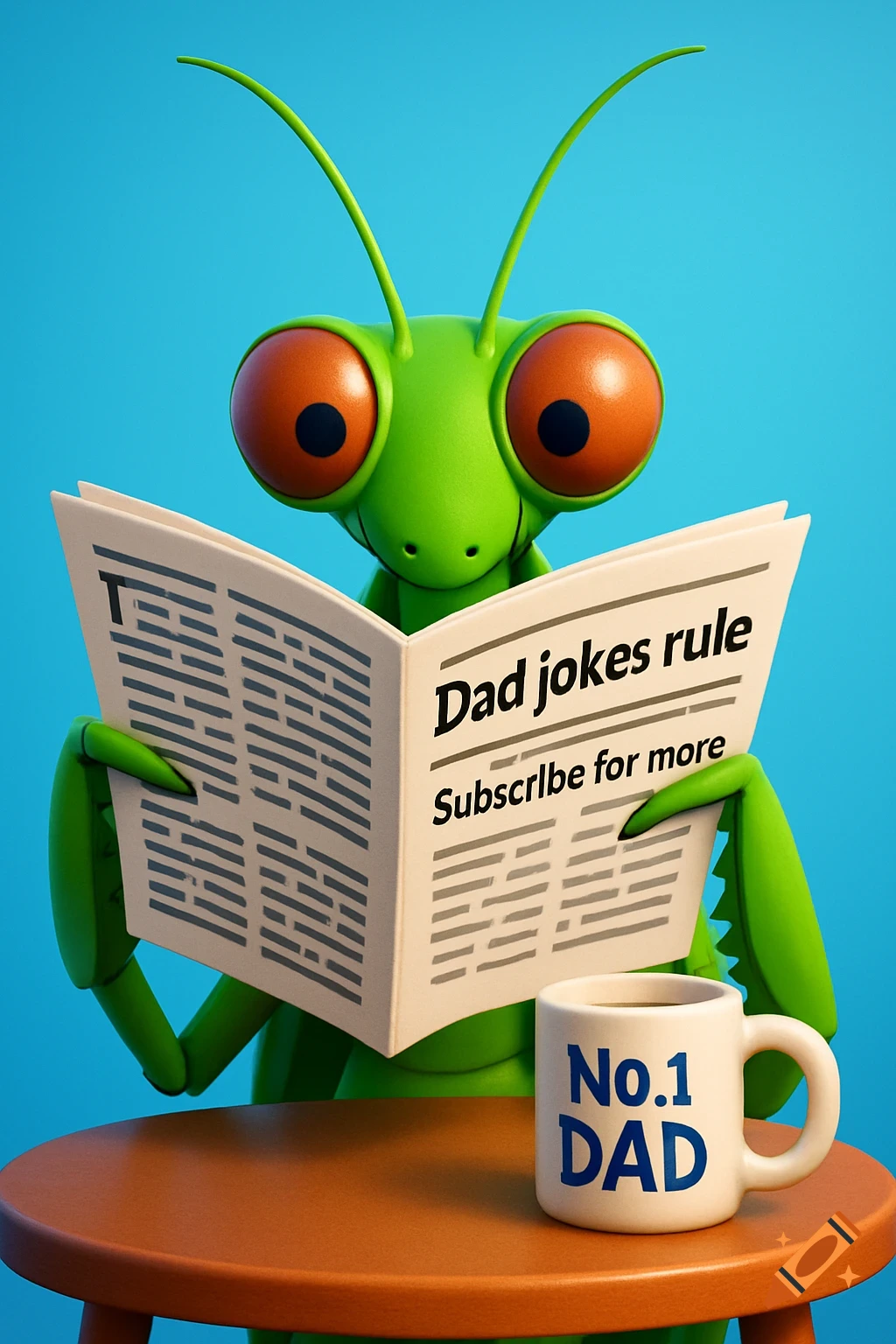 A vibrant 3D animation of a green praying mantis with large eyes reading a newspaper titled "Dad jokes rule" at a coffee table with a "No.1 DAD" mug.