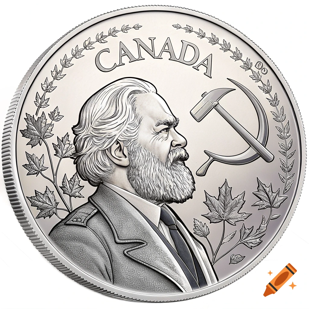 Silver Canadian coin with Karl Marx's profile, a hammer and sickle, and maple leaves engraved on it.