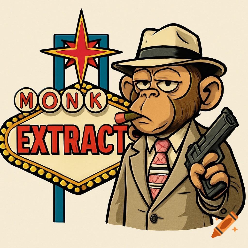 A cartoon monkey character dressed as a fedora-wearing gangster, smoking a cigar and holding a gun, stands next to a Las Vegas-style sign that reads "MONK EXTRACT" with a red star on top.