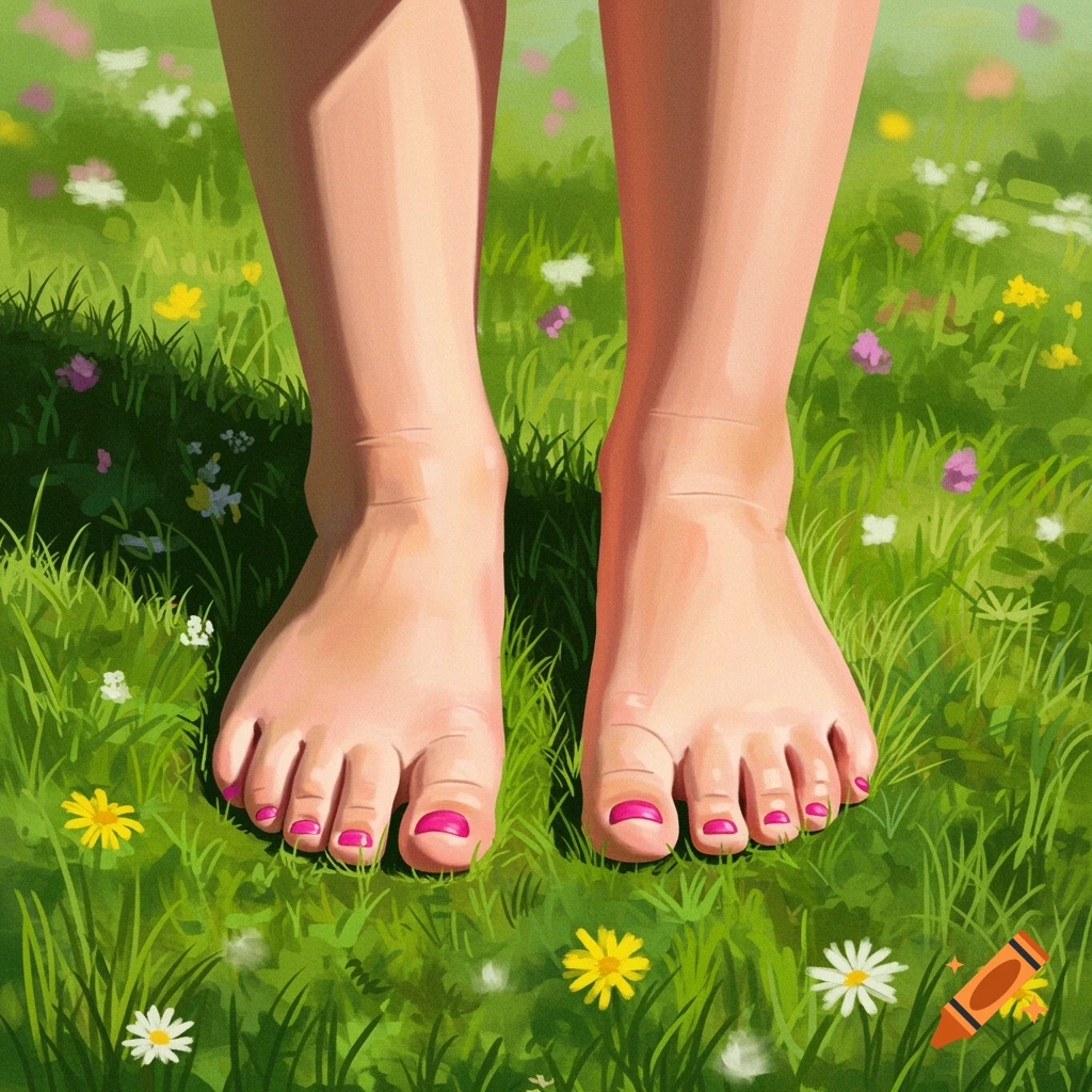 Bare feet with pink nail polish standing in green grass with small wildflowers.
