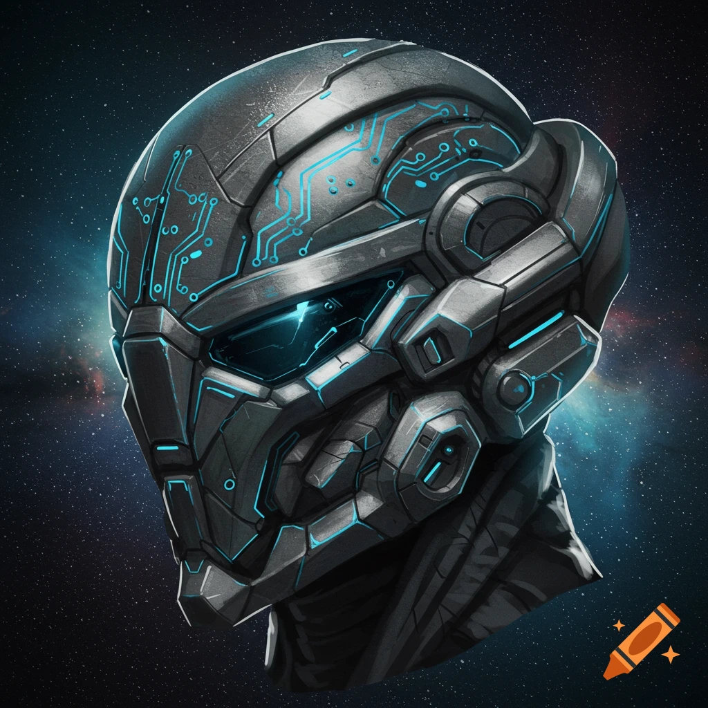 A detailed, futuristic sci-fi helmet made of dark metal with glowing blue circuit patterns against a starry space background.