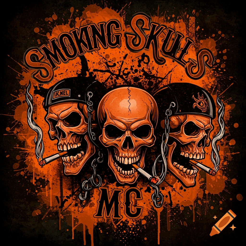 Three stylized orange skulls, two wearing helmets and smoking cigarettes, against a black background with orange and black paint splatters. Orange text "SMOKING SKULLS" is above the skulls, and "MC" is below.