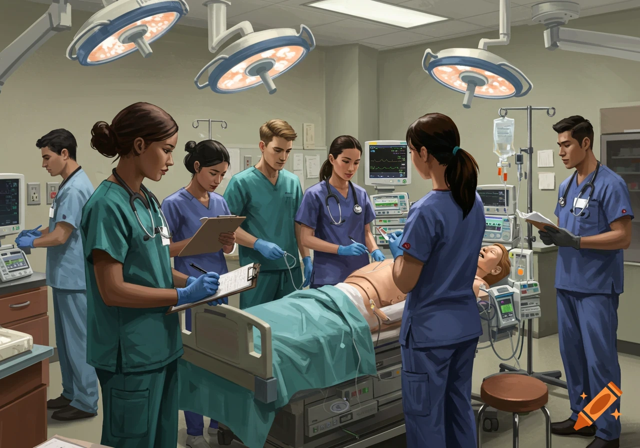 A multidisciplinary healthcare team of students practices a simulation on a medical dummy in an operating room.