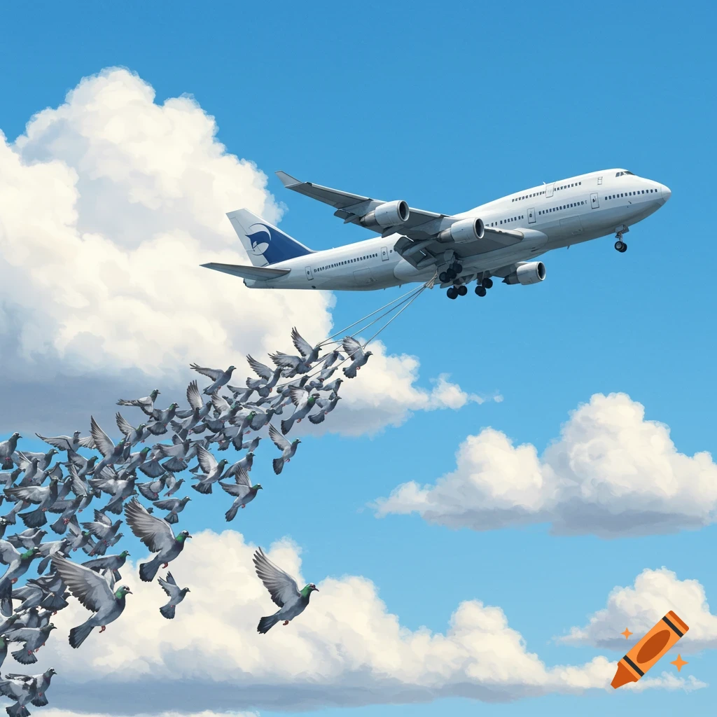 A large white passenger airplane is impossibly being towed through a blue sky by a huge flock of pigeons with ropes.