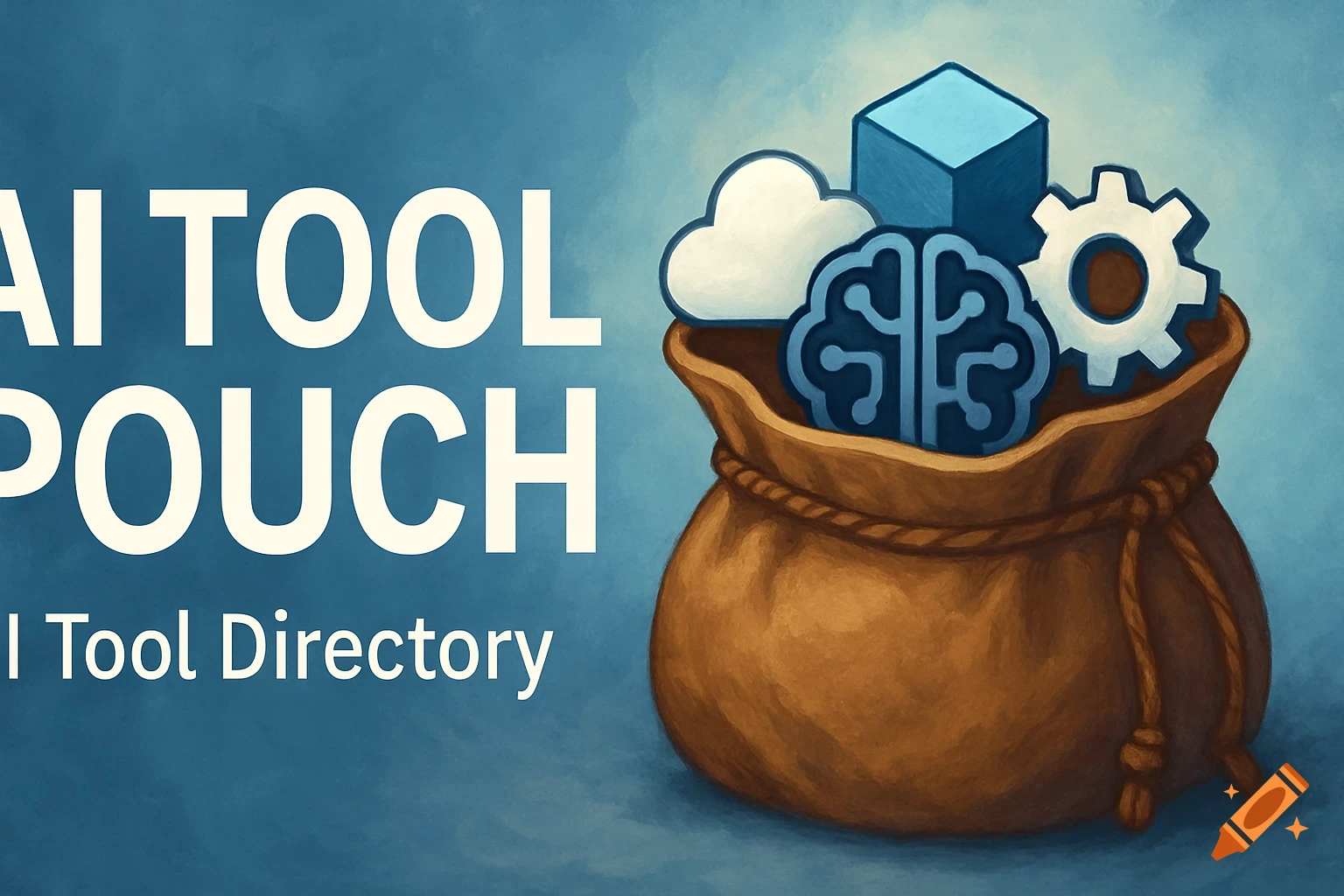 A digital illustration of a brown pouch filled with AI-related icons like a brain, cloud, cube, and gear, set against a blue background with the text "AI TOOL POUCH | AI Tool Directory".