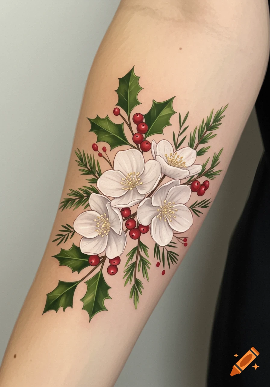 A vibrant tattoo of white paper white flowers, red holly berries, and green leaves on a person's forearm.