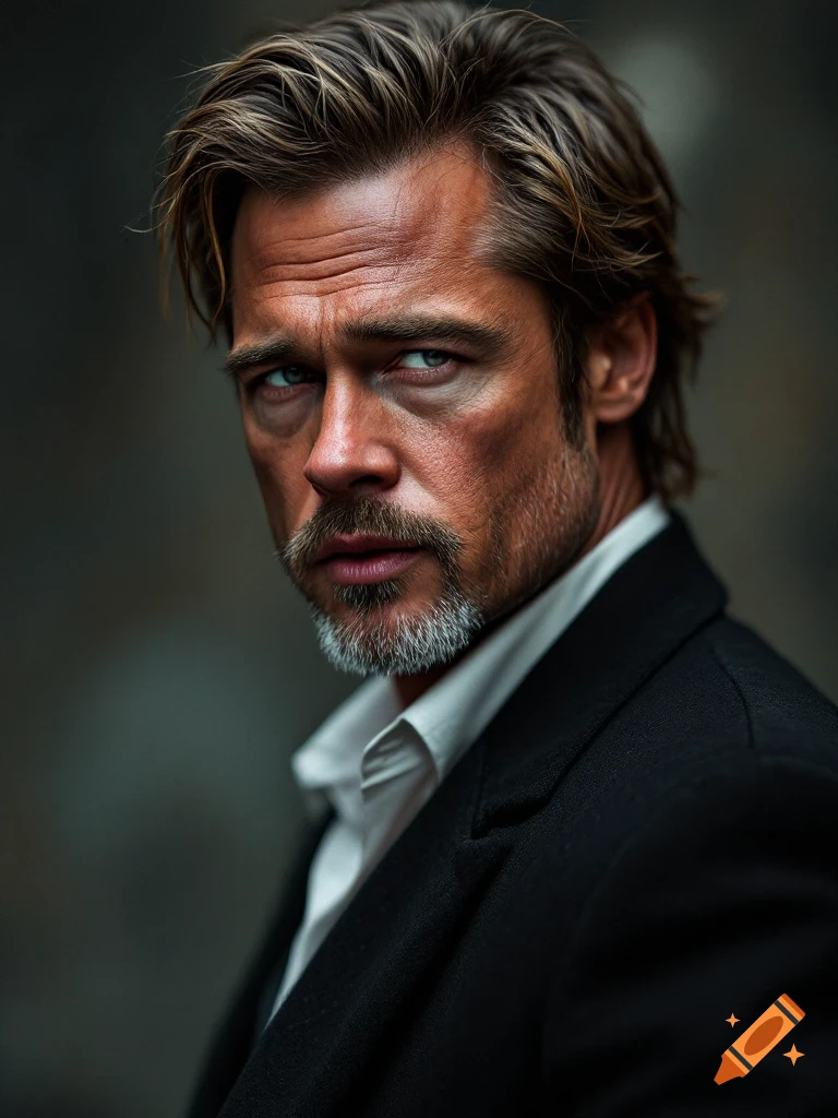Hyperrealistic editorial portrait of Brad Pitt with a beard, looking intensely at the viewer against a dark background.