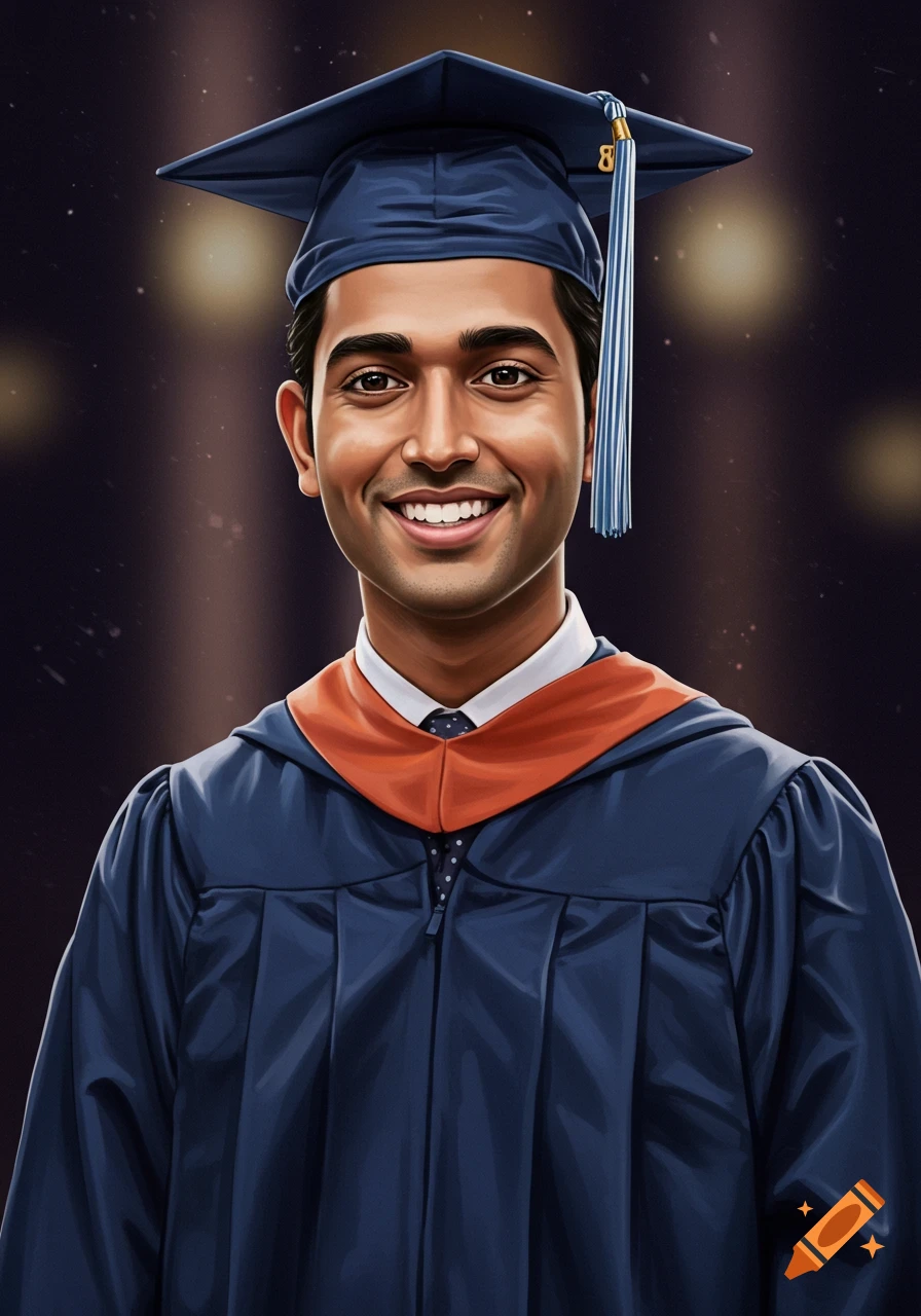 A smiling young man in a blue graduation cap and gown with an orange stole, against a blurred, dark background.
