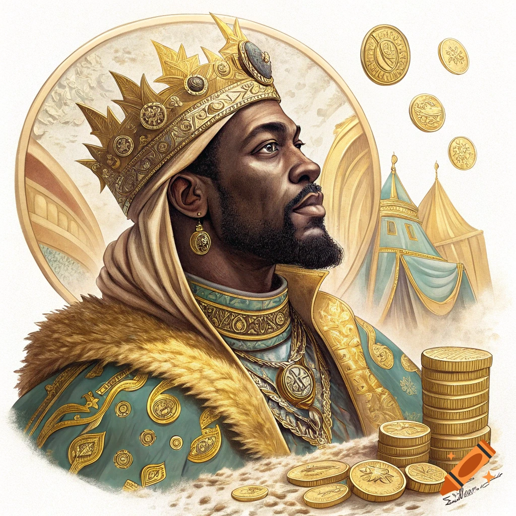 A regal portrait of a Black king adorned in a golden crown and ornate robes, surrounded by gold coins and desert tents, in a painterly style.