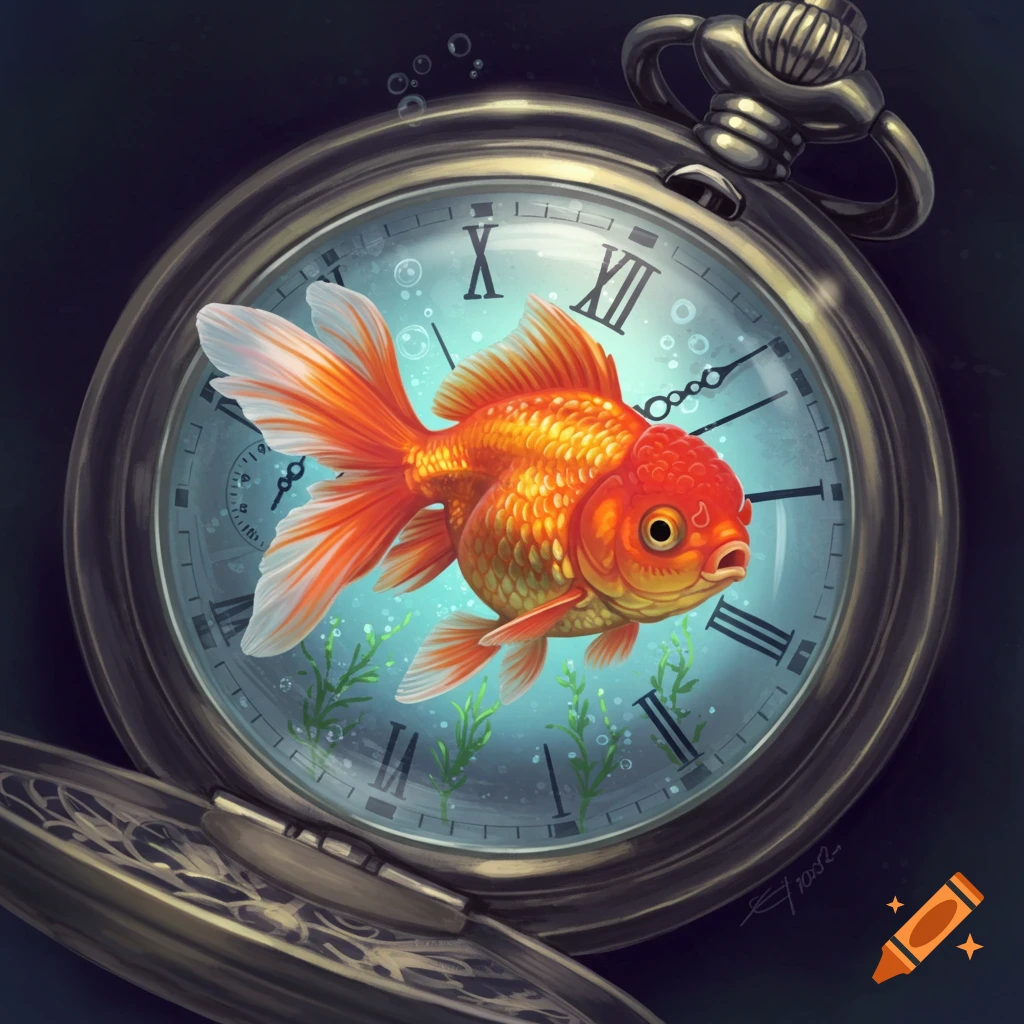 A vibrant orange Ranchu goldfish swimming inside a vintage pocket watch that functions as an aquarium.
