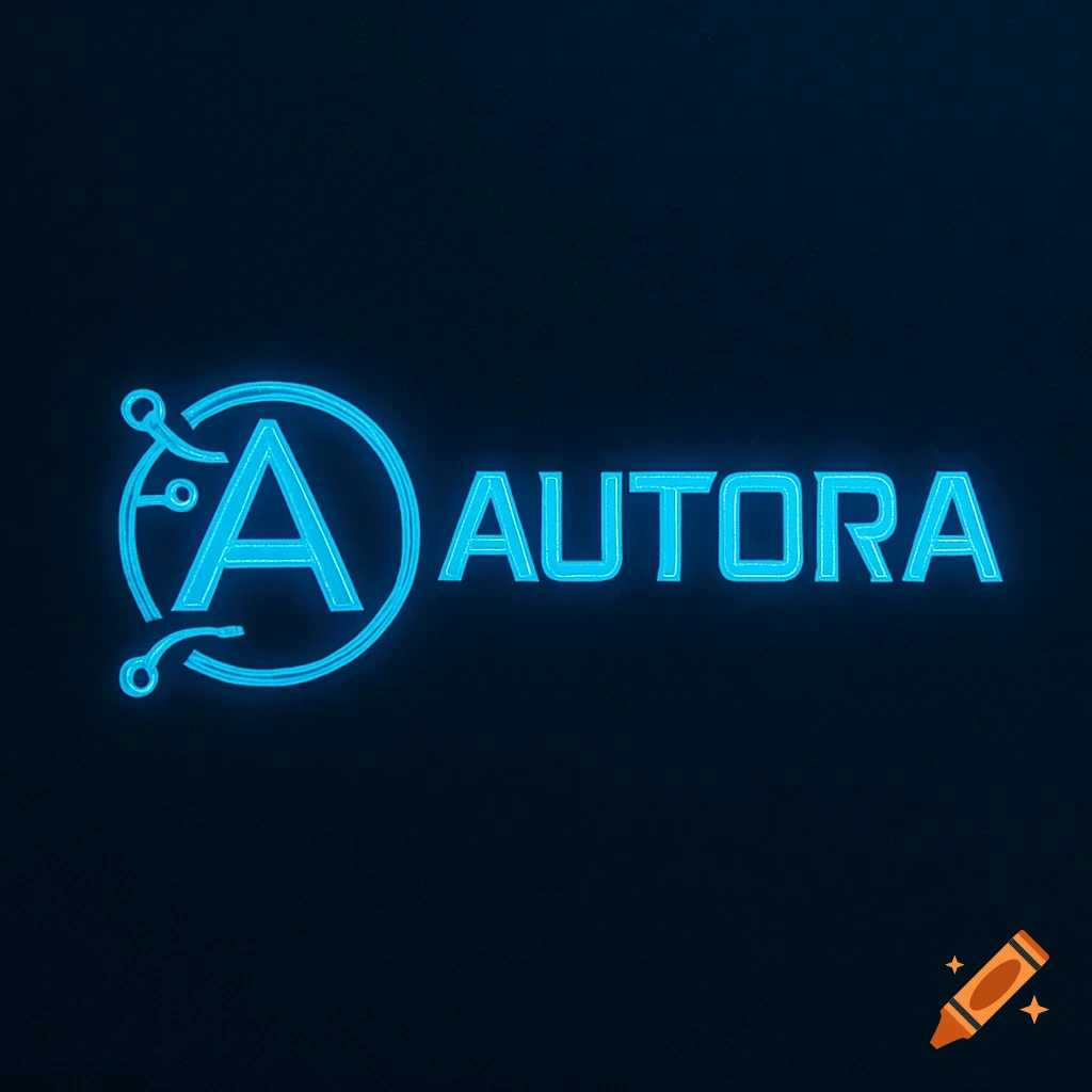 A glowing blue neon logo with a stylized 'A' surrounded by circuit-like elements and the word 'AUTORA'.