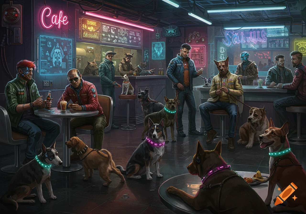 A dark, neon-lit cyberpunk cafe bustling with people and numerous dogs with glowing collars. Figures with canine features and cyborg implants are present.