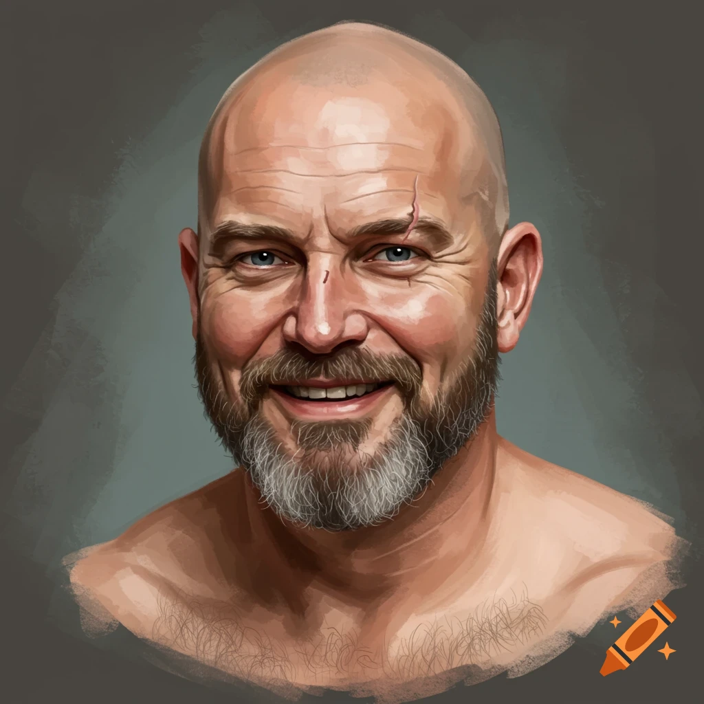 A bald man with a graying beard and a scar above his left eye smiles broadly in a digital painting style.
