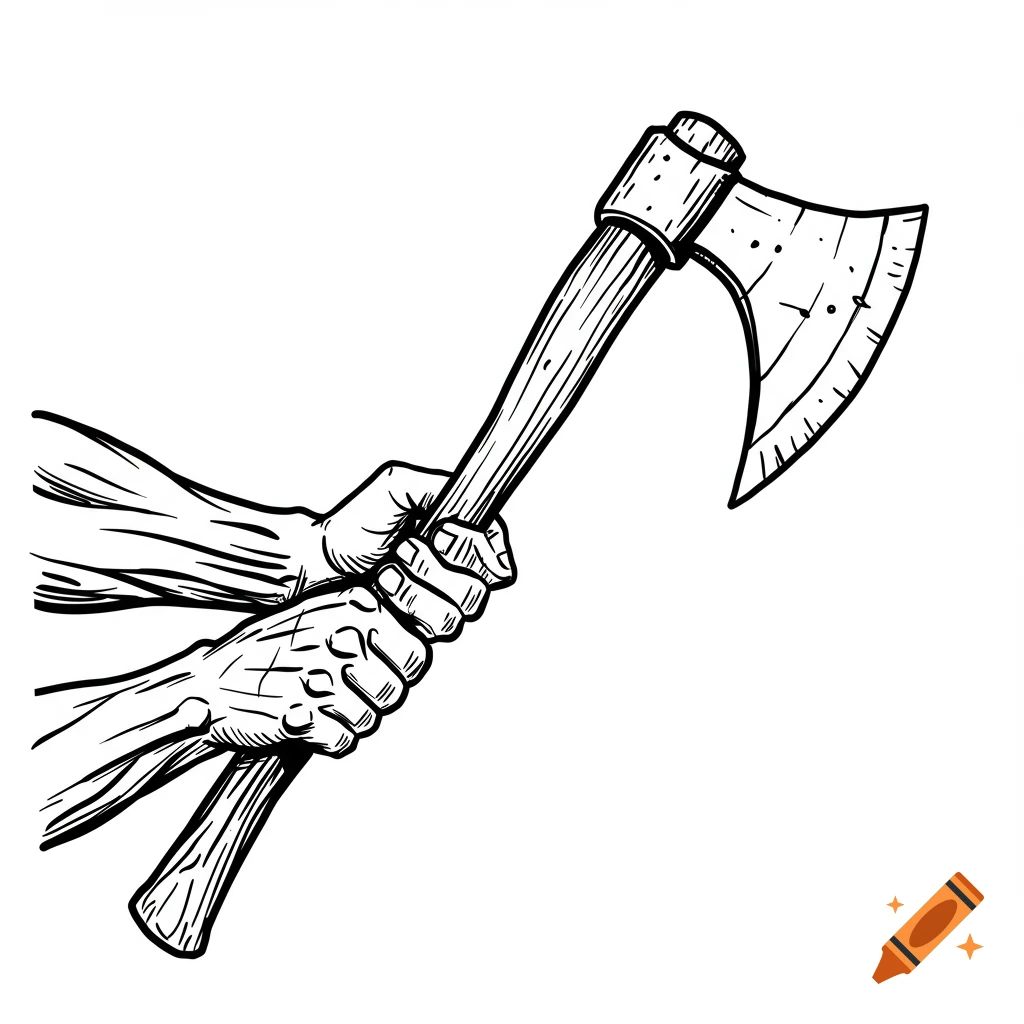 Line art illustration of two hands gripping a battle axe, against a white background.