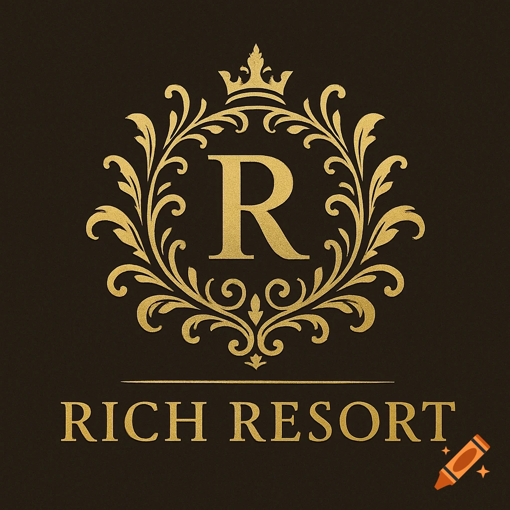 A golden, ornate logo featuring a crowned letter R and the words RICH RESORT on a dark background.