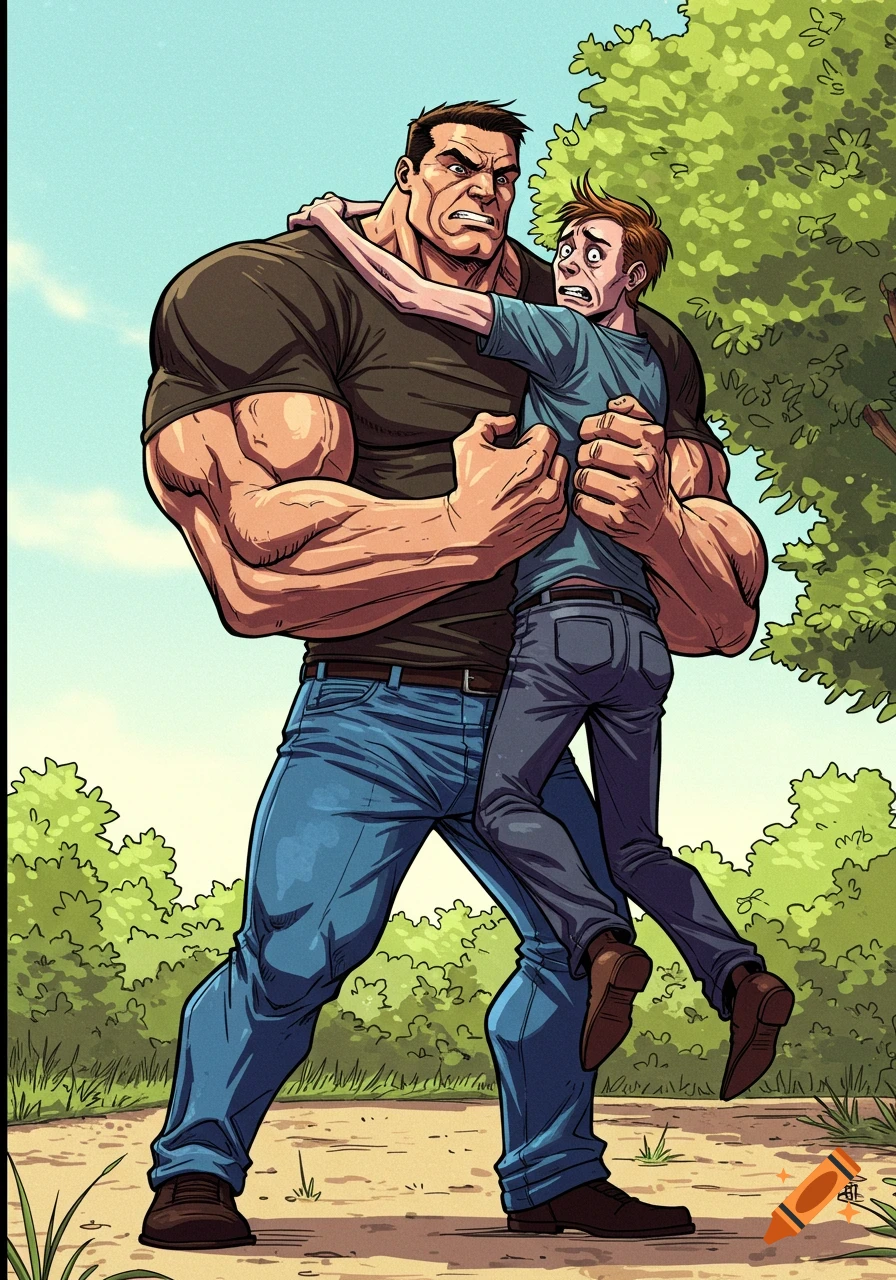 A large, muscular man holds a scared, smaller man in a bearhug on an outdoor path, comic art style.