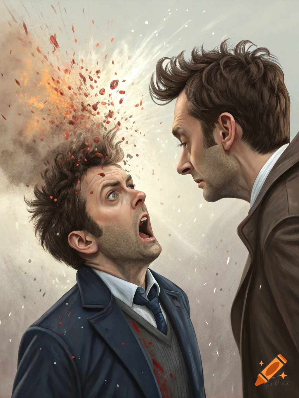 A stylized digital illustration of two men, one with a shocked expression as his head appears to explode into red debris, while the other man looks on intensely.