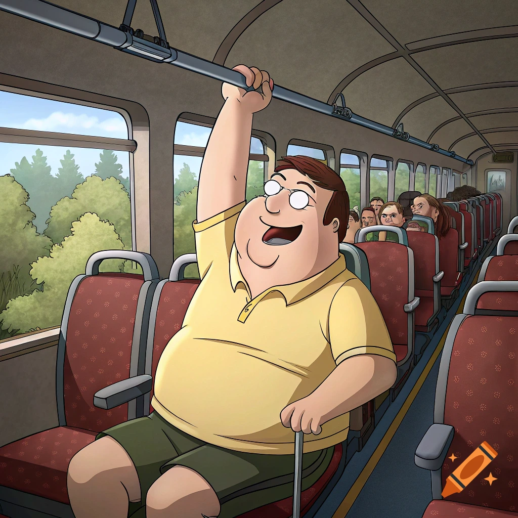 Cartoon character Peter Griffin rides a train, holding onto an overhead bar.