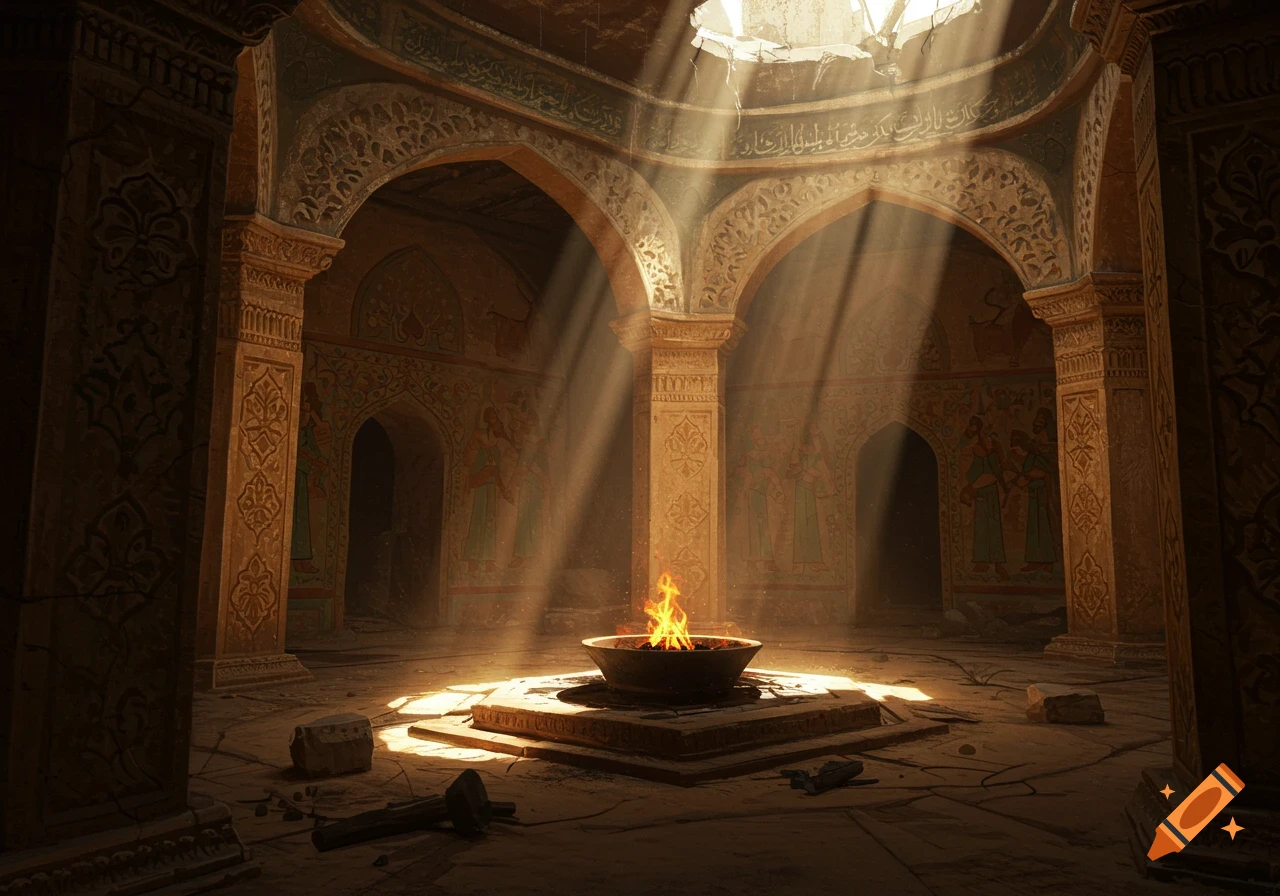 Sunlight streams into an ancient, ruined temple with a fire burning in a central basin on the floor.