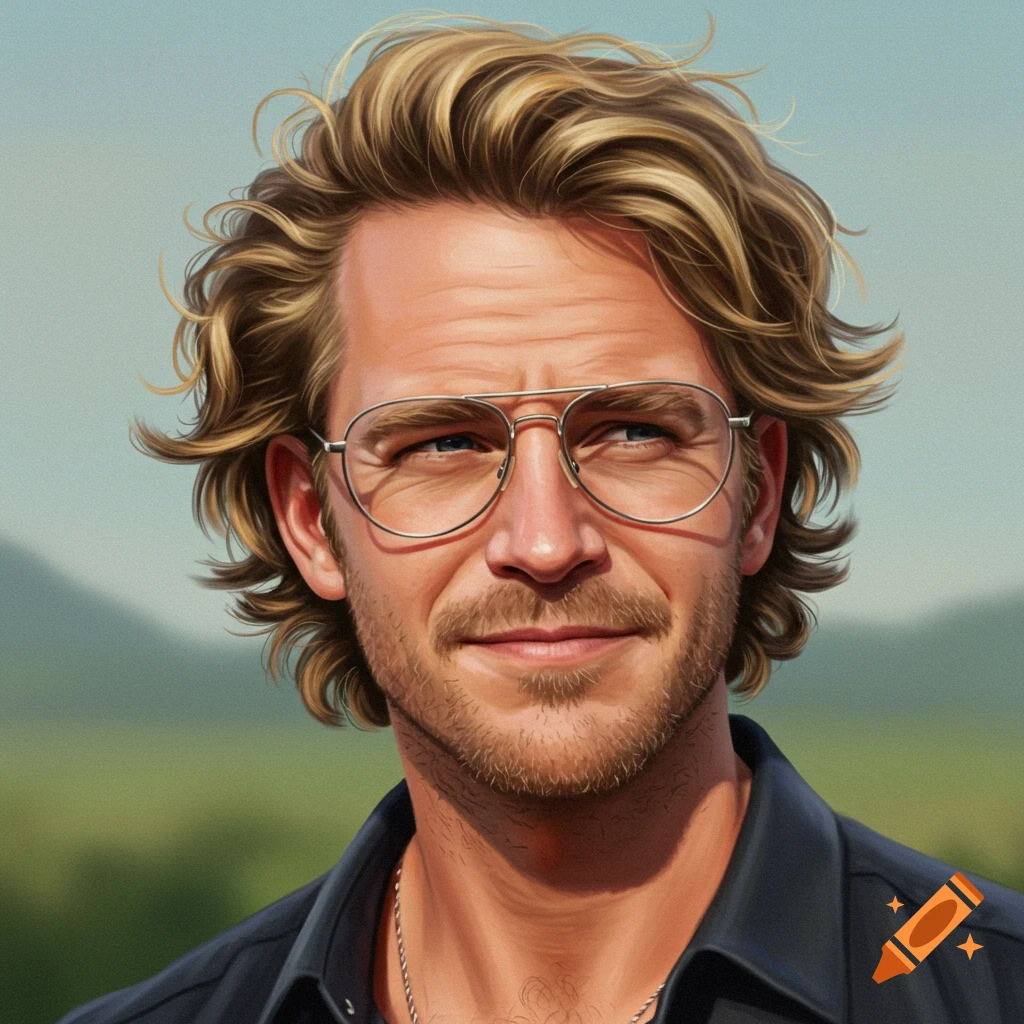 Portrait of a man with blonde wavy hair, a beard, and aviator glasses, smiling slightly.