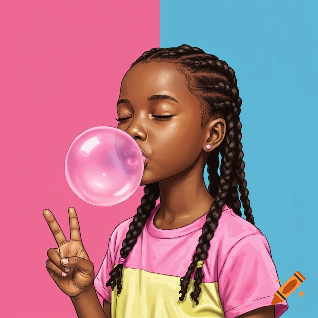 Colored pencil pop art illustration of a young black girl blowing pink bubblegum and making a peace sign on a pink and blue background.