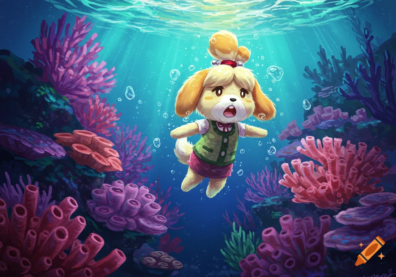 Isabelle from Animal Crossing floats underwater amidst vibrant coral reefs in a colorful cartoon style.