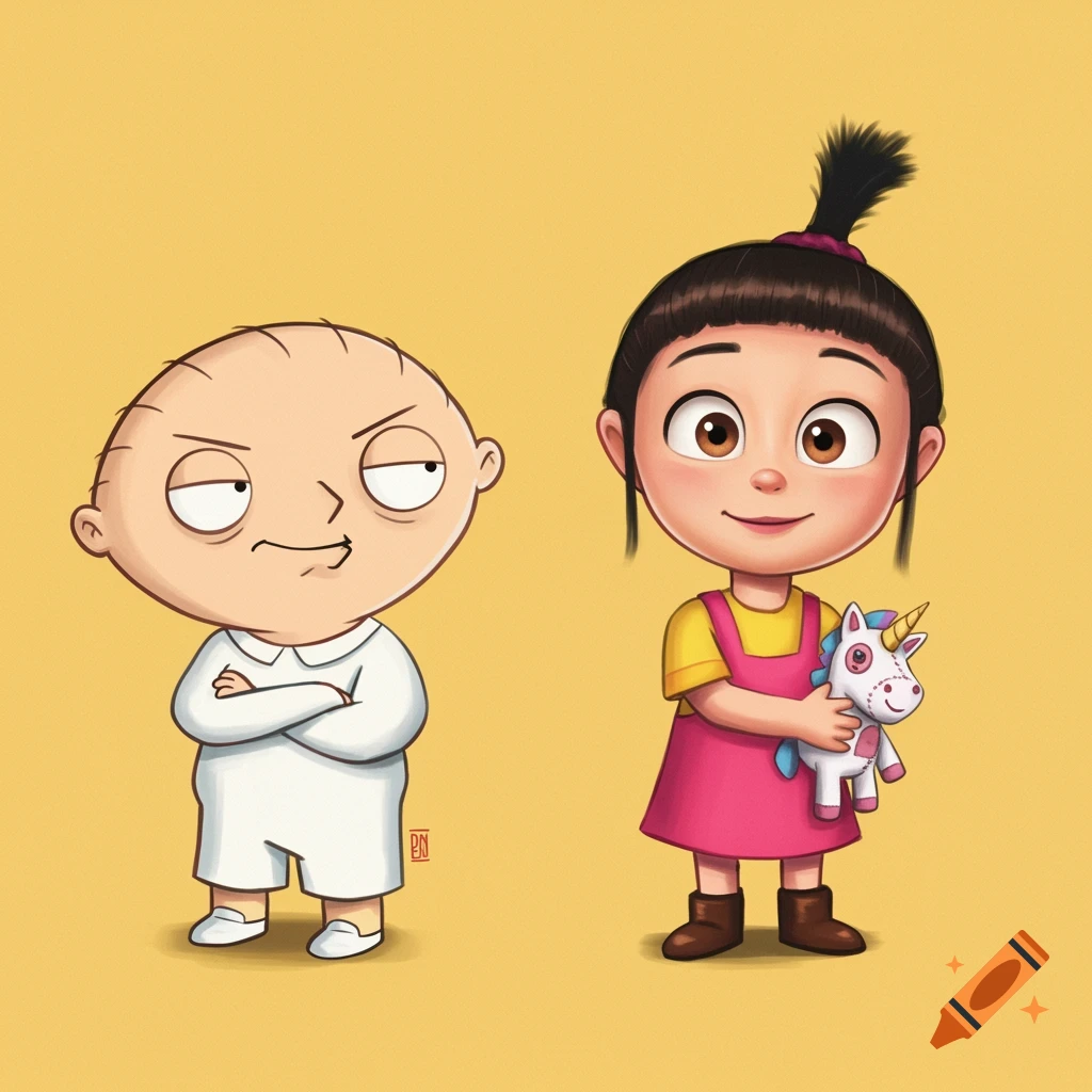 Stewie Griffin stands with crossed arms next to Agnes Gru holding a unicorn plushie in a cartoon style illustration.